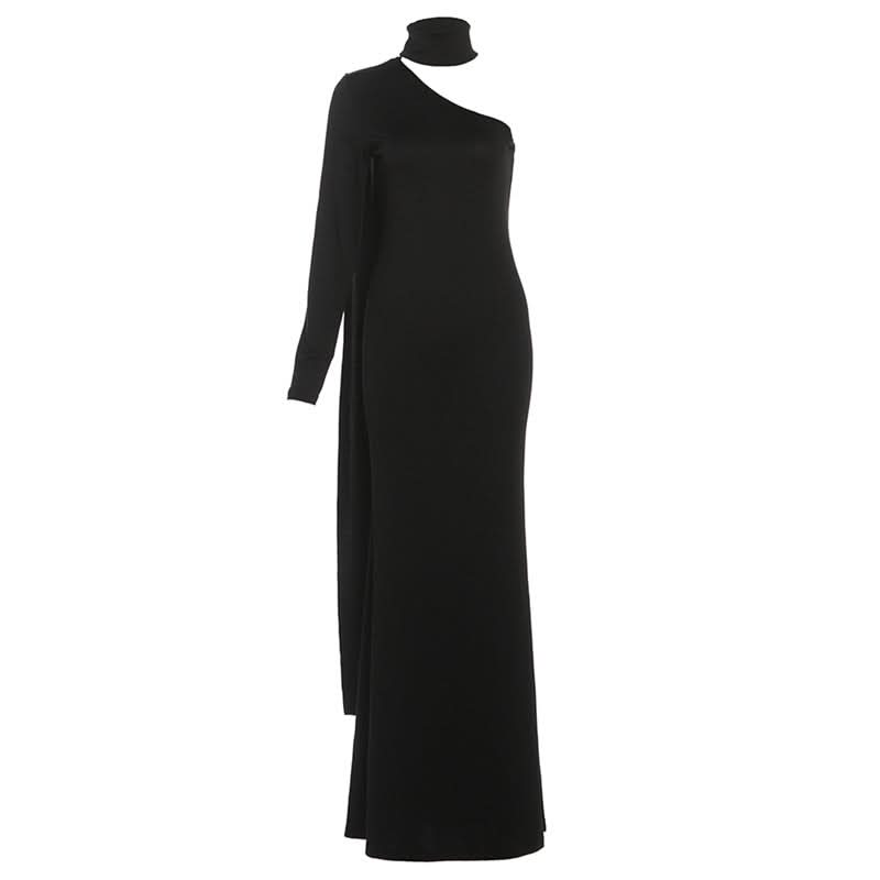 High neck one shoulder solid maxi dress