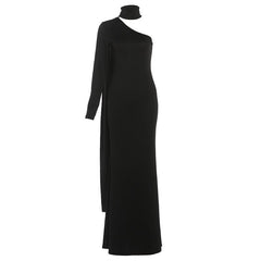 High neck one shoulder solid maxi dress
