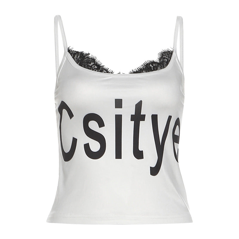 U neck lace hem letter print cami top