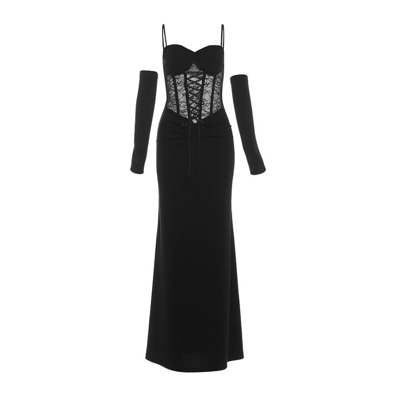 Lace up ruched corset cami maxi dress