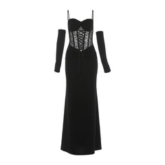 Lace up ruched corset cami maxi dress