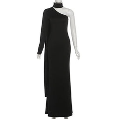 High neck one shoulder solid maxi dress