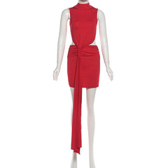 High neck ruched hollow out cut out mini dress