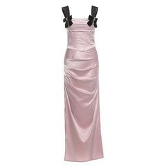 Square neck bowknot ruched slit maxi dress