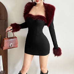 Long sleeve fluffy shrug 2 piece mini dress