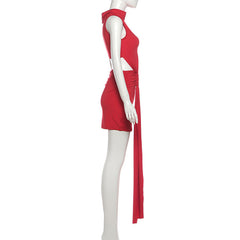 High neck ruched hollow out cut out mini dress