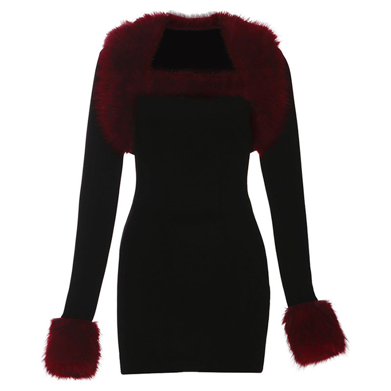 Long sleeve fluffy shrug 2 piece mini dress