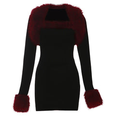 Long sleeve fluffy shrug 2 piece mini dress