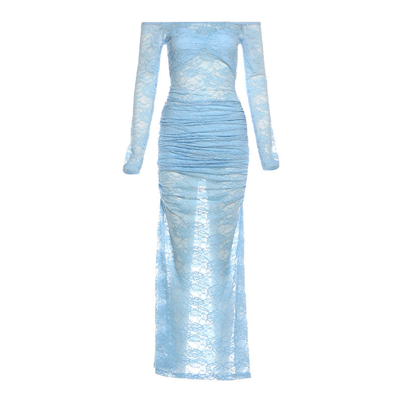 Long sleeve off shoulder lace ruched maxi dress