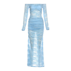 Long sleeve off shoulder lace ruched maxi dress