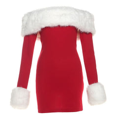Off shoulder long sleeve fluffy mini dress