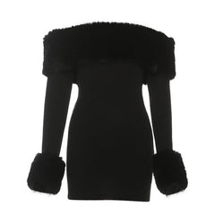 Off shoulder long sleeve fluffy mini dress