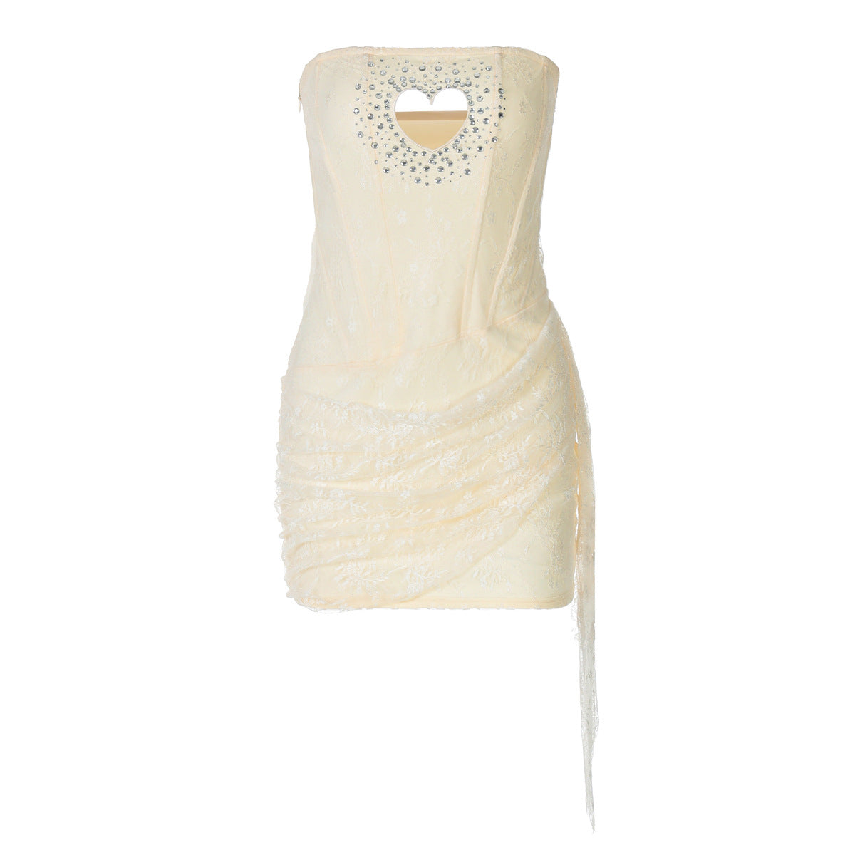 Hollow out beaded lace irregular tube cut out mini dress