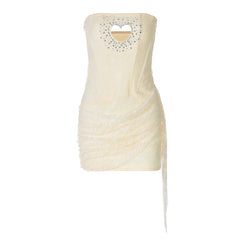 Hollow out beaded lace irregular tube cut out mini dress