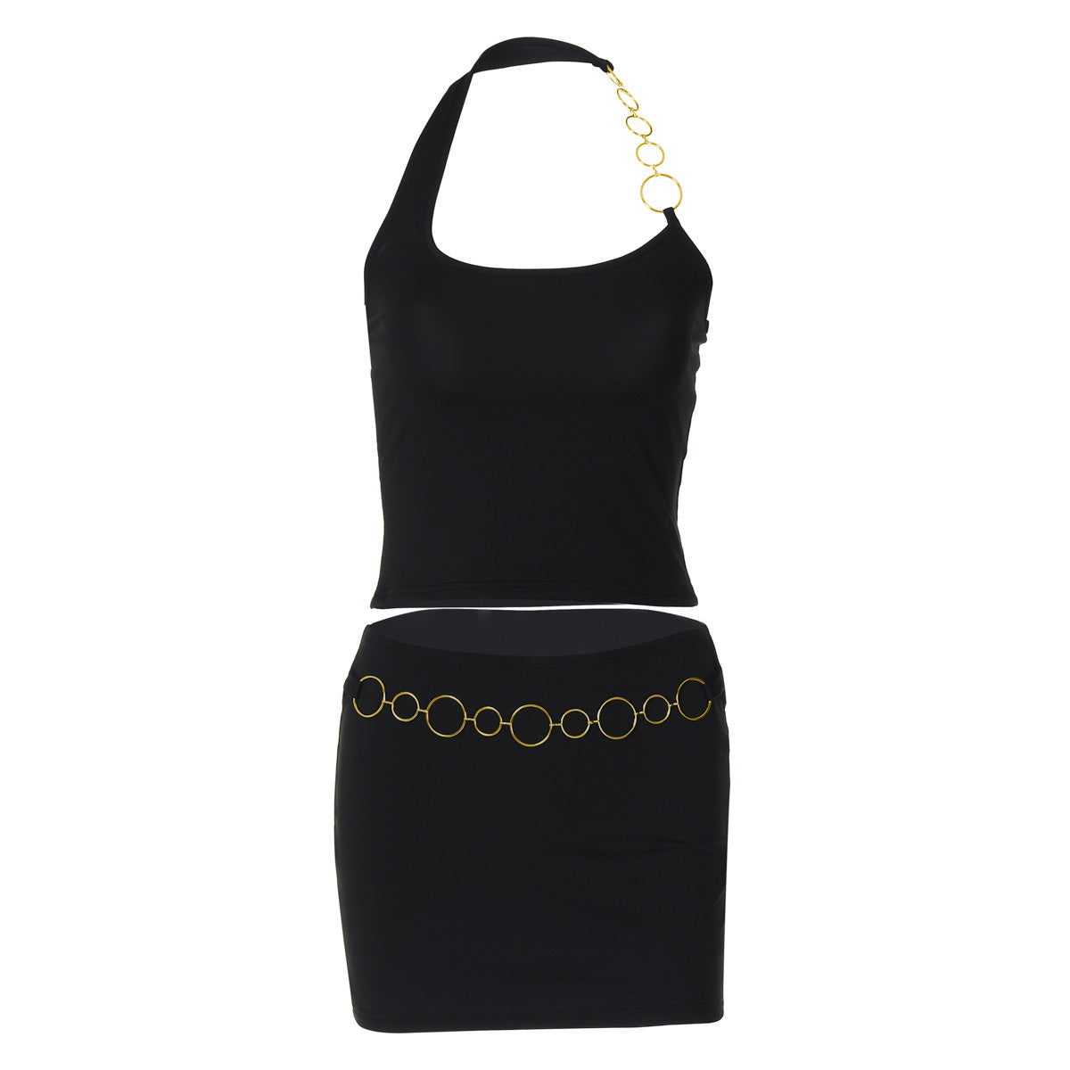 Halter metal chain u neck solid mini skirt set