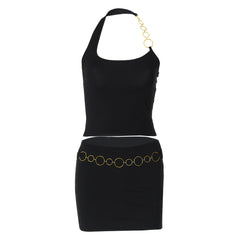 Halter metal chain u neck solid mini skirt set