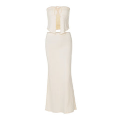 Self tie backless solid tube maxi skirt set
