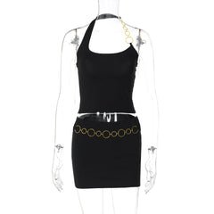 Halter metal chain u neck solid mini skirt set