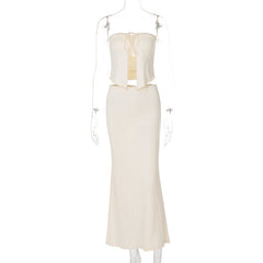 Self tie backless solid tube maxi skirt set