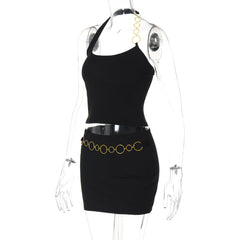 Halter metal chain u neck solid mini skirt set