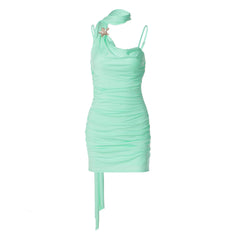 Ruched cowl neck backless cami mini dress