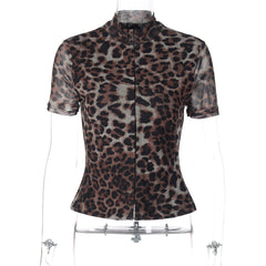 Leopard print short sleeve button top
