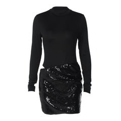 Long sleeve crewneck glitter hollow out cut out mini dress