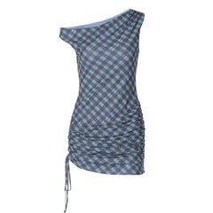 Plaid ruched drawstring irregular mini dress