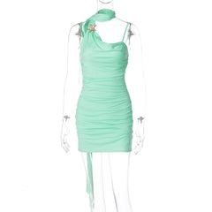 Ruched cowl neck backless cami mini dress