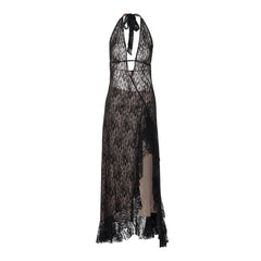 Halter self tie lace slit hollow out cut out maxi dress