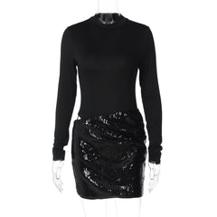 Long sleeve crewneck glitter hollow out cut out mini dress