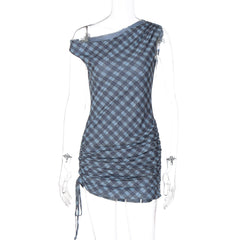 Plaid ruched drawstring irregular mini dress