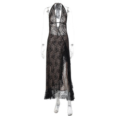 Halter self tie lace slit hollow out cut out maxi dress
