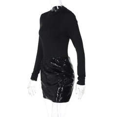 Long sleeve crewneck glitter hollow out cut out mini dress