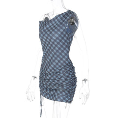 Plaid ruched drawstring irregular mini dress