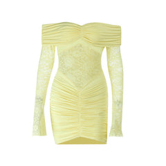Off shoulder long sleeve ruched lace mini dress