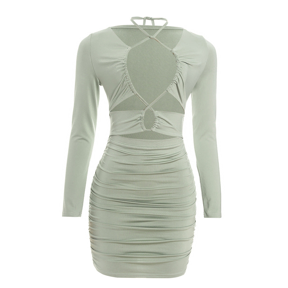 Ruched long sleeve hollow out self tie cut out mini dress