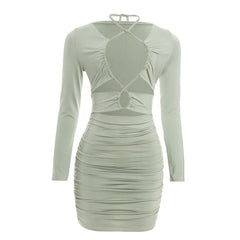 Ruched long sleeve hollow out self tie cut out mini dress