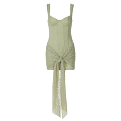 Self tie lace v neck zip-up cami mini dress