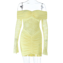 Off shoulder long sleeve ruched lace mini dress