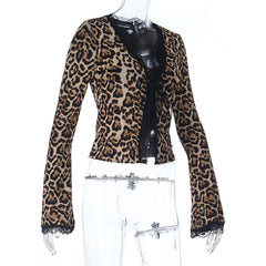 Leopard print lace hem v neck long sleeve self tie top