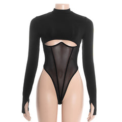 Hollow out long sleeve crewneck mesh bodysuit