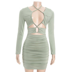Ruched long sleeve hollow out self tie cut out mini dress