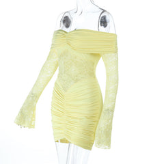 Off shoulder long sleeve ruched lace mini dress