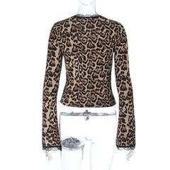 Leopard print lace hem v neck long sleeve self tie top