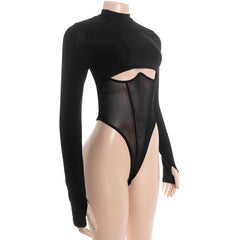 Hollow out long sleeve crewneck mesh bodysuit