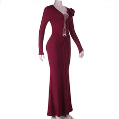 Long sleeve flower applique self tie solid maxi dress