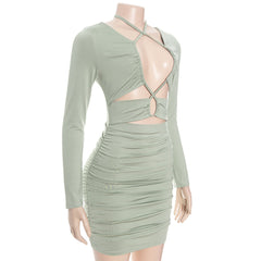 Ruched long sleeve hollow out self tie cut out mini dress