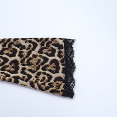 Leopard print lace hem v neck long sleeve self tie top
