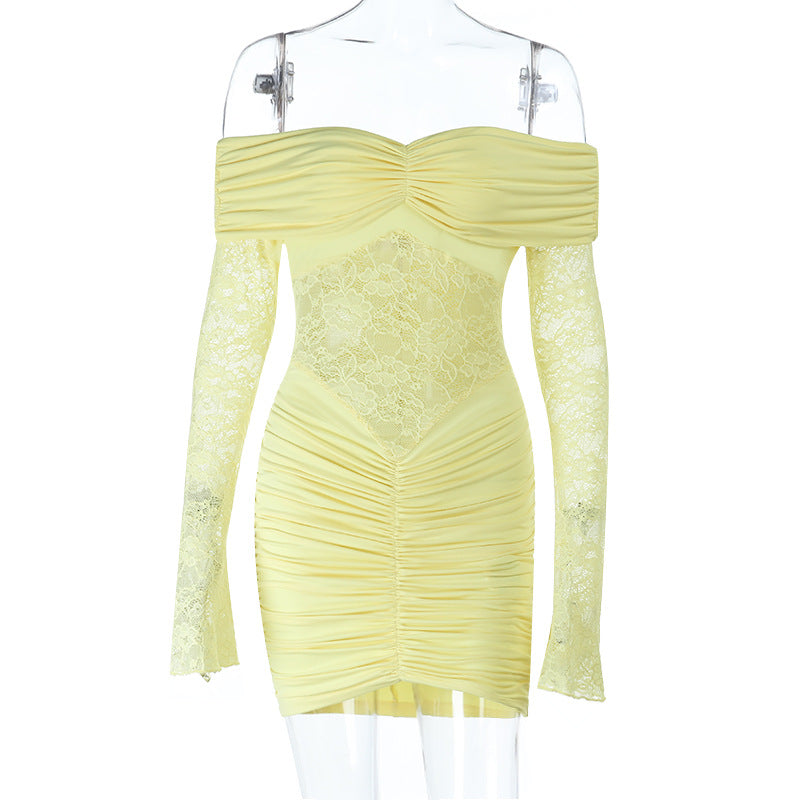 Off shoulder long sleeve ruched lace mini dress